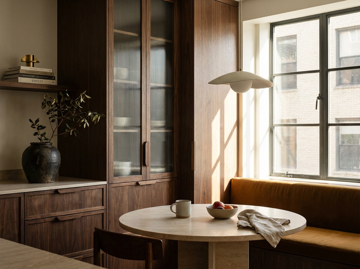 A cozy kitchen corner with wooden cabinets, a round table with a mug, a bowl of apples, a cloth, and a bench under a large window with natural sunlight.