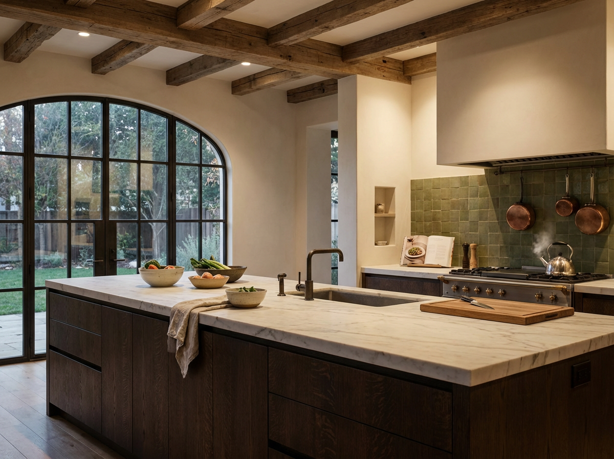 Modern kitchen with a large central island topped with white marble, surrounded by dark wood cabinetry. There are bowls of vegetables on the island, oven with copper pots hanging above, green tiled backsplash, open cookbook, and a view of a backyard 