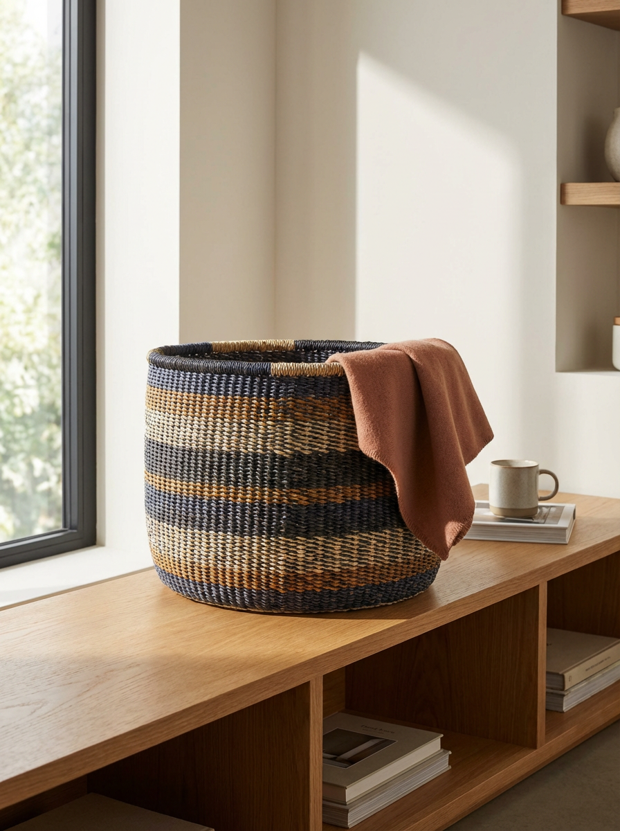 Woven basket with a brown cloth draped over the side, placed on a wooden shelf near a window with sunlight and some books and a mug nearby.