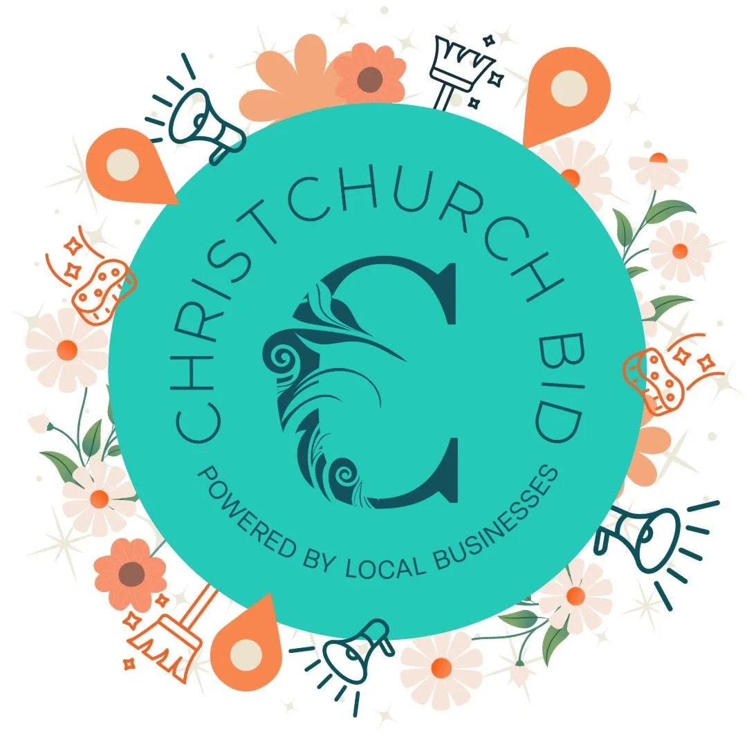 Logo of Christ Church Bide, featuring a stylized church building, surrounded by flowers, icons of a megaphone, a sponge, a crown, and a teaspoon, with the text 'Powered by Local Businesses'.