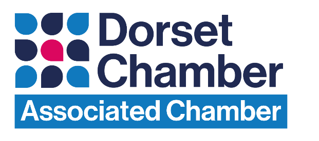 Dorset Chamber logo with blue and pink geometric shapes and text indicating it's the Associated Chamber