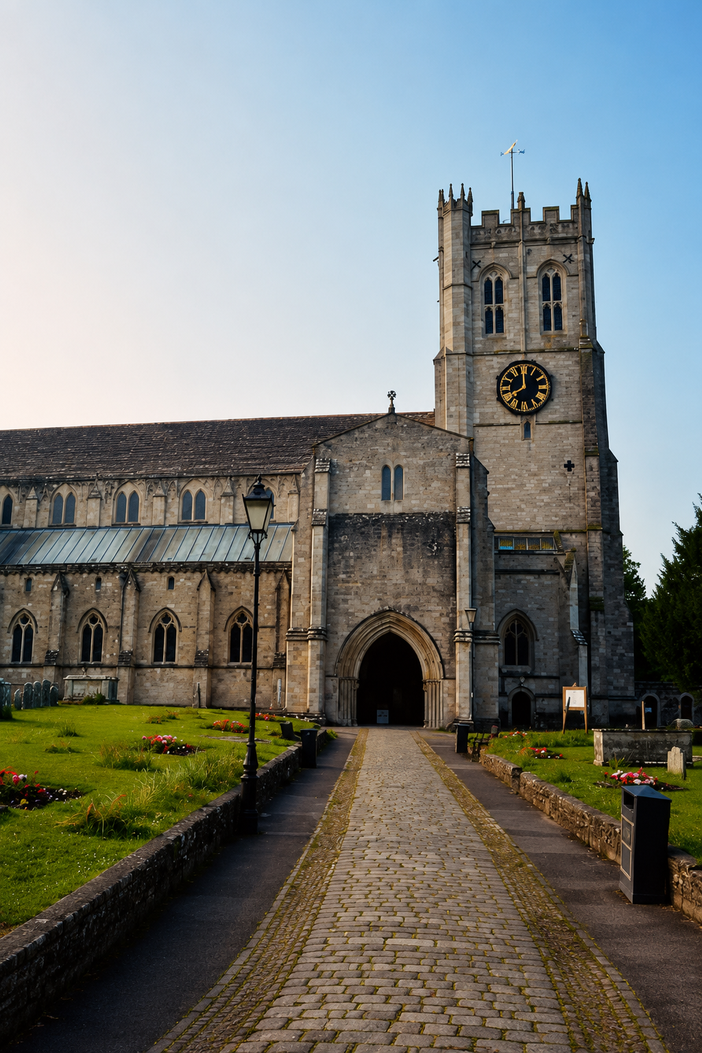 A historic stone church with a clock tower, arched entrance, and a pathway leading to the front door, surrounded by a well-maintained lawn and flower beds.