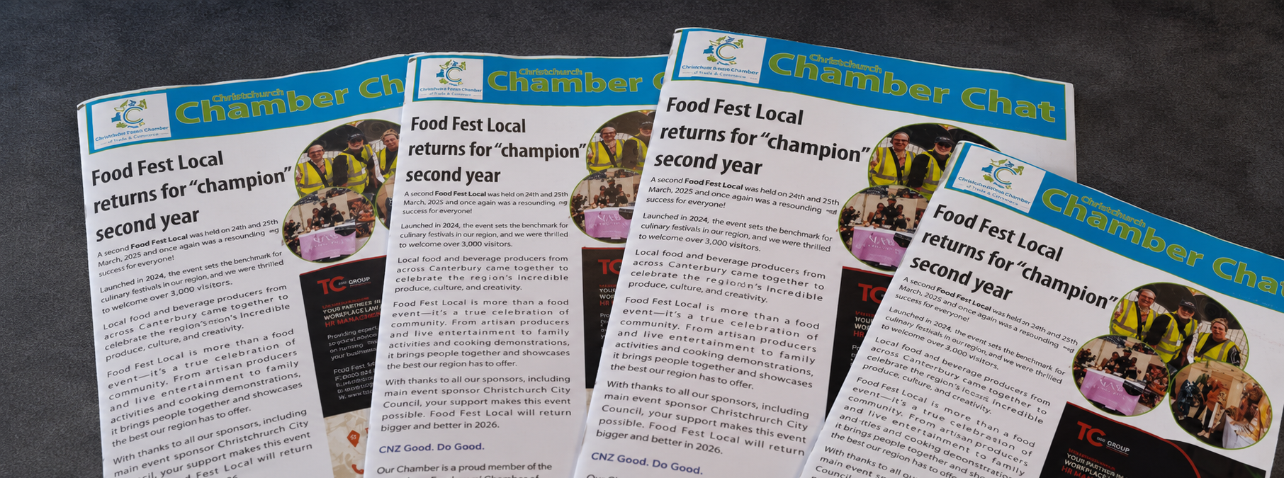 Multiple copies of a newsletter titled "Chamber Chat" with an article about the Food Fest Local event, including images of people and food tables.