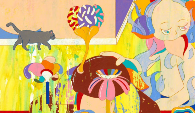 A colorful, surreal illustration featuring a gray cat, a floating Mona Lisa with a smile, a large jar with a spoon and a rainbow-colored object inside, and a multicolored dripping heart with sprinkles on top.