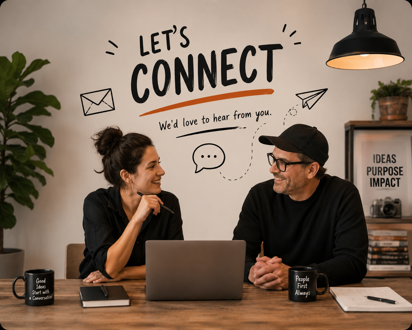 Two people sitting at a wooden table in a modern office, smiling and talking. Behind them, a wall decoration says "Let's connect" with illustrations of an envelope, speech bubble, paper airplane, and the phrase "We'd love to hear from you." The table has a laptop, notebooks, pens, and two coffee mugs with inspirational quotes.