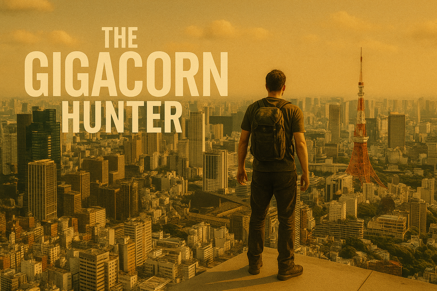 A person with a backpack standing on a rooftop overlooking a cityscape with tall buildings and the Tokyo Tower in the background, during sunset.