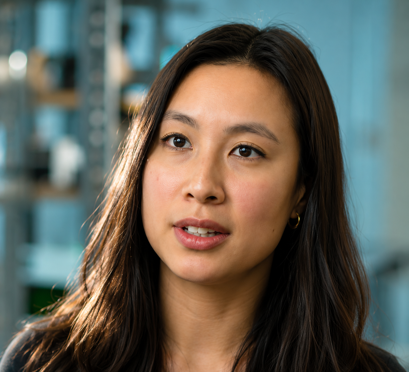 Close-up of a young woman with long dark hair, wearing gold hoop earrings, speaking or listening, in an indoor modern workspace background.