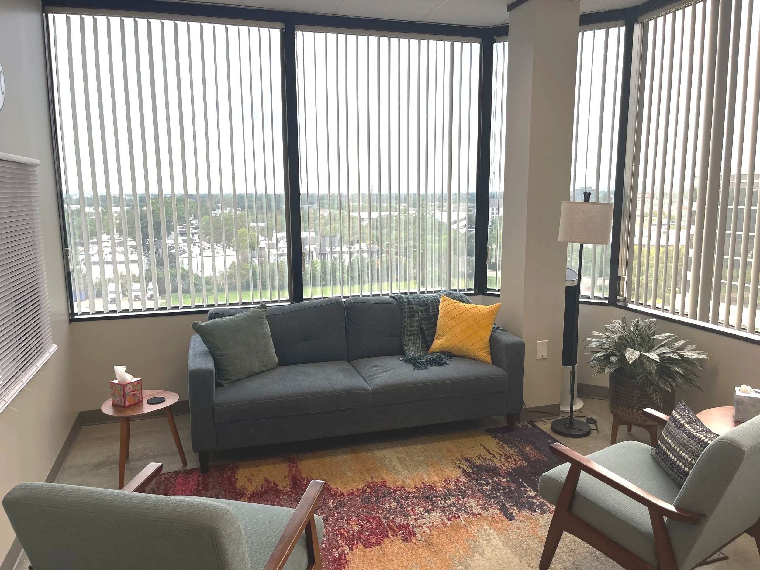 Living room with large windows, gray sofa with pillows, armchair, side table with tissue box and remote, tall floor lamp, plant, and colorful area rug.