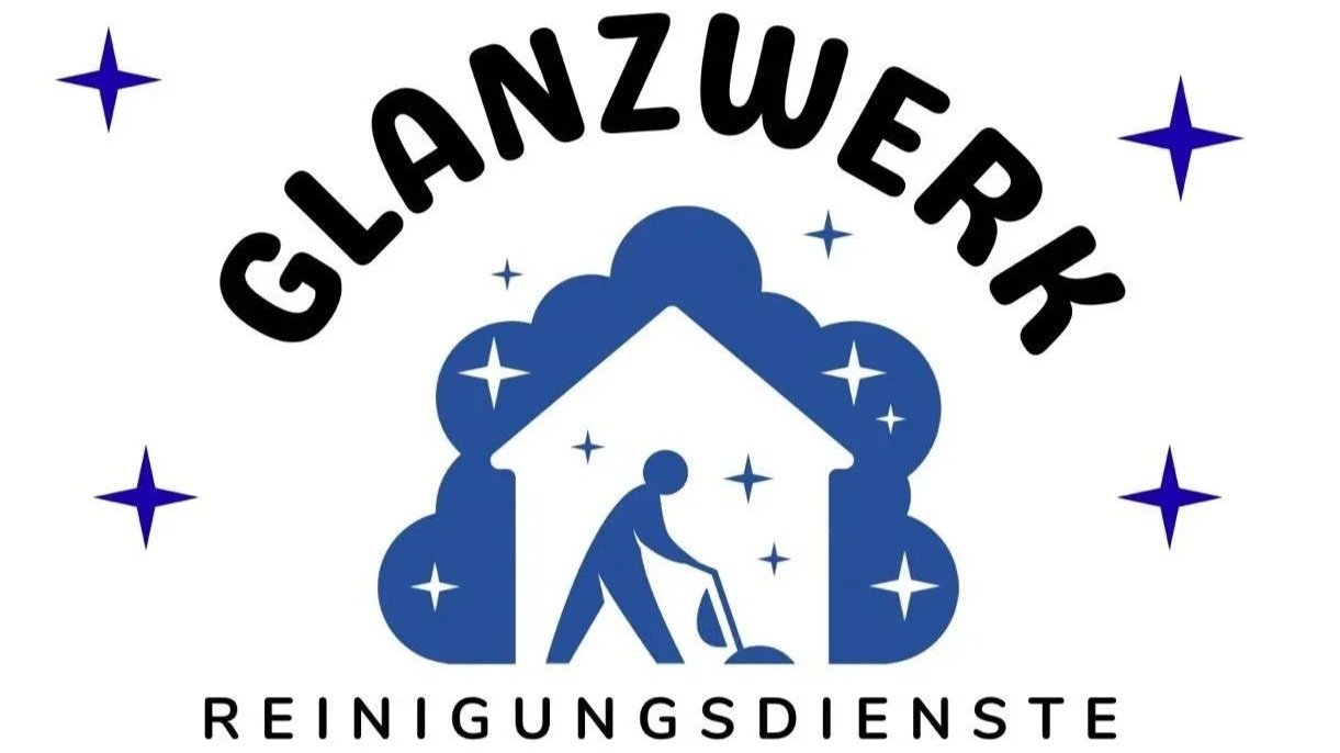 Logo einer Reinigungsfirma namens 'Glanzwerk', das eine stilisierte Szene eines Hausputzes mit einem stilisierten Menschen, der einen Staubsauger benutzt, zeigt. Umgeben von Sternen, mit dem Schriftzug 'Glanzwerk' oben und 'Reinigungsdienste' unten.