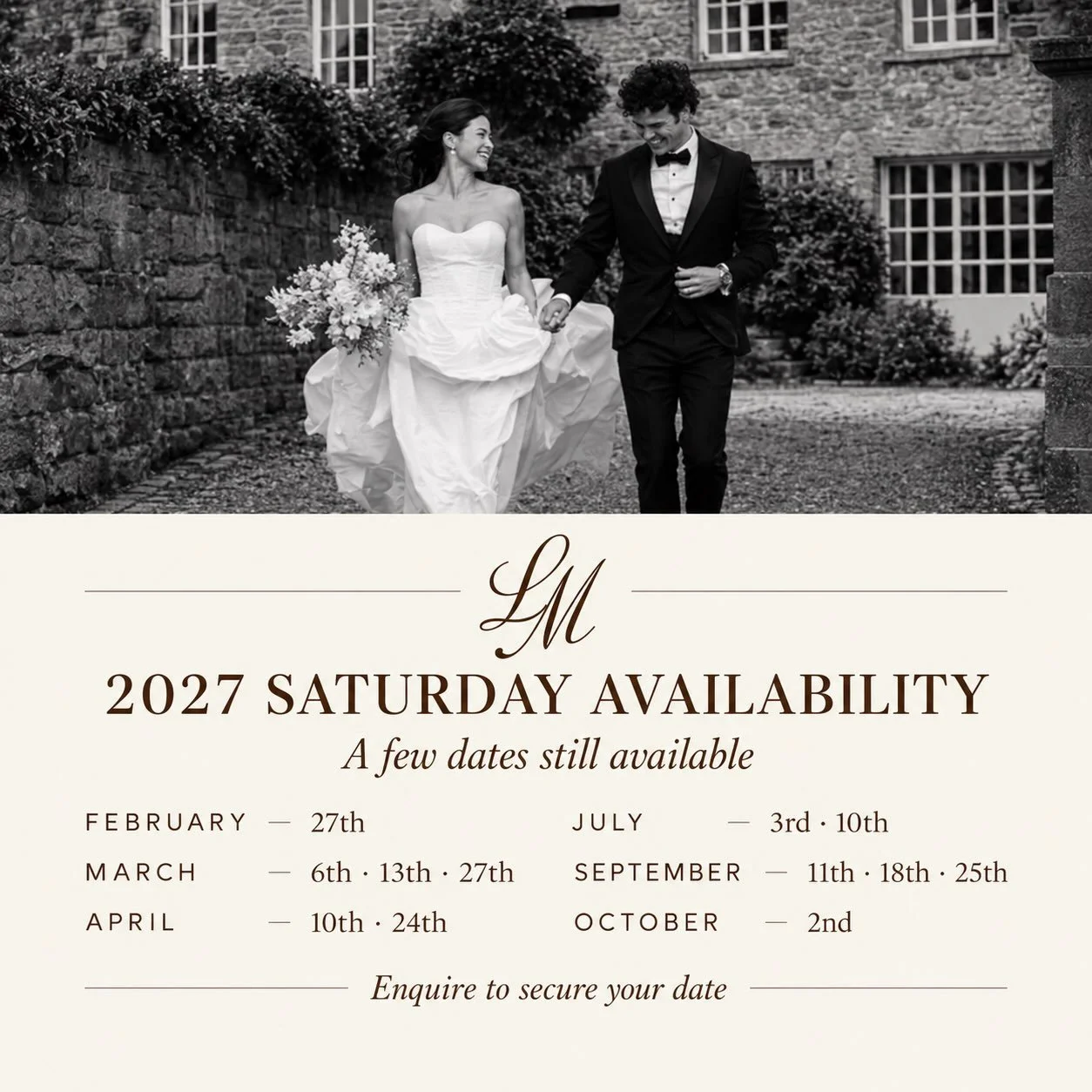 ✨ 2027 SATURDAY AVAILABILITY ✨

Still looking for your perfect date? 🤎

I have a limited number of Saturday dates remaining for 2027. If you&rsquo;re planning your special day, now is the perfect time to enquire!

♡ February 27th
♡ March 6th, 13th &