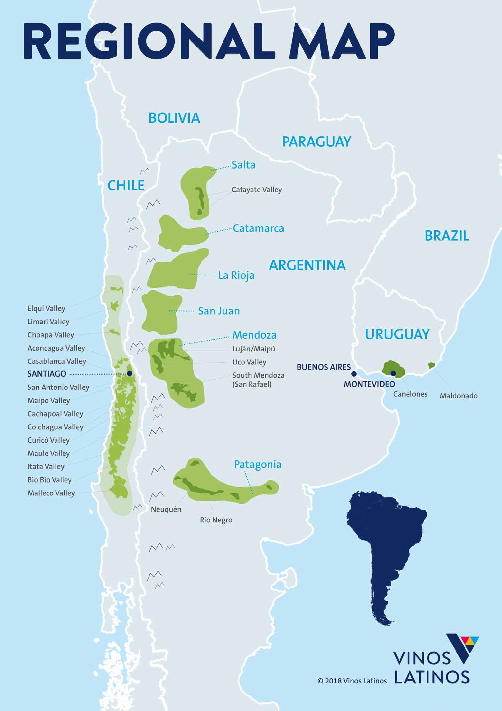 South America wine map showing Uruguay, Argentina, Chile and Brazil, Vinos Latinos' sourcing regions