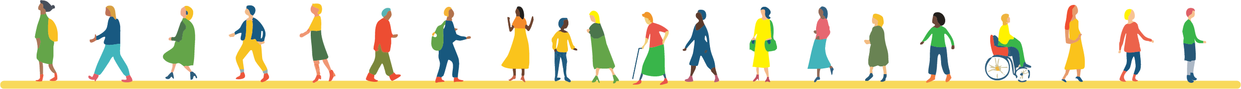 Line of diverse people walking, some using wheelchairs, some with strollers, some carrying bags, all moving in the same direction.