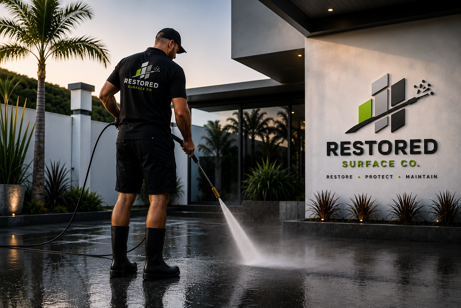 Man pressure washing the concrete surface outside a building with a sign reading 'Restored Surface Co.' in front of the building and tropical plants nearby.