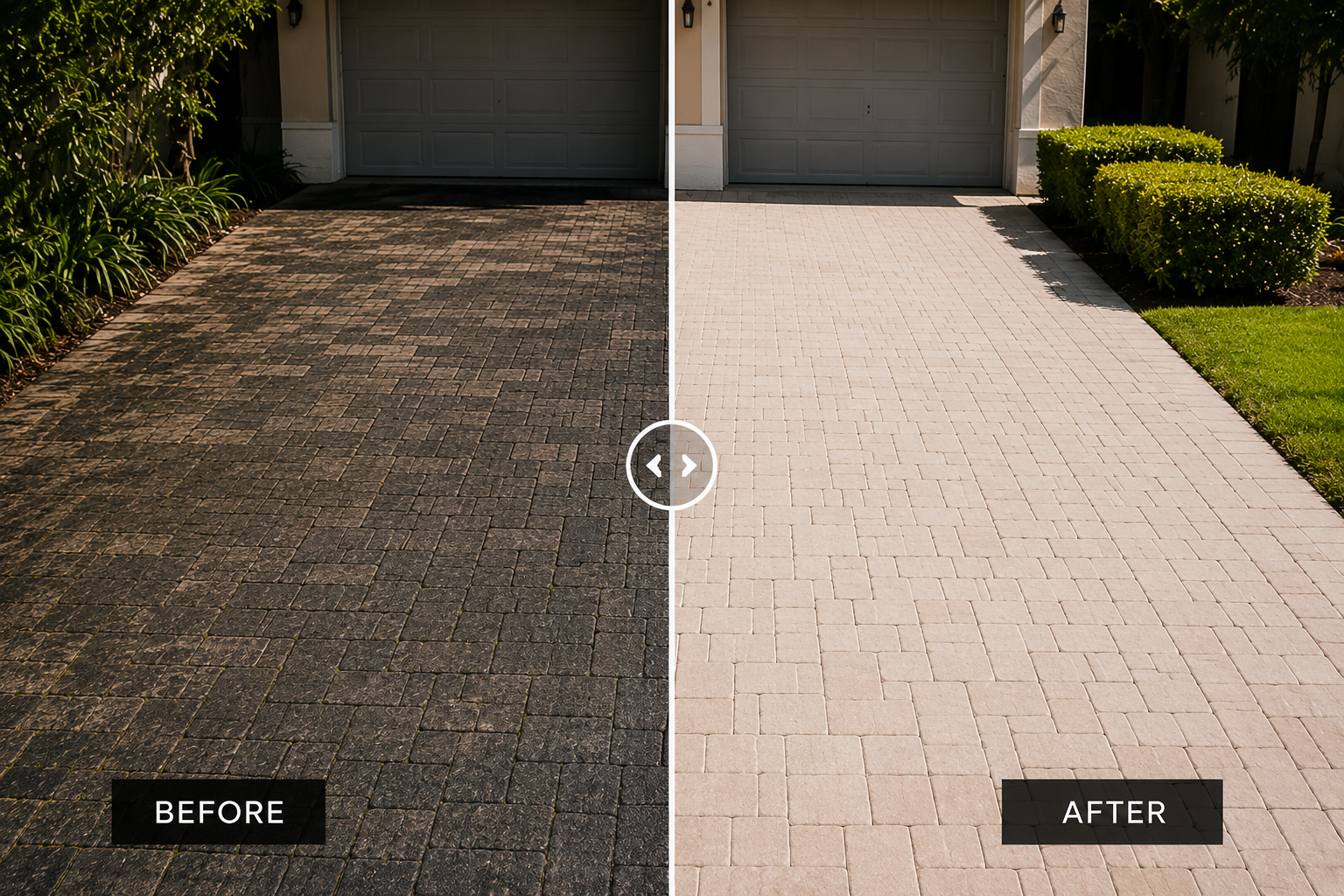 Side-by-side comparison of a driveway before and after cleaning and sealing. The left side shows a dark, stained, and weathered brick driveway labeled 'BEFORE.' The right side shows a clean, light-colored, and well-maintained brick driveway labeled 'AFTER.'