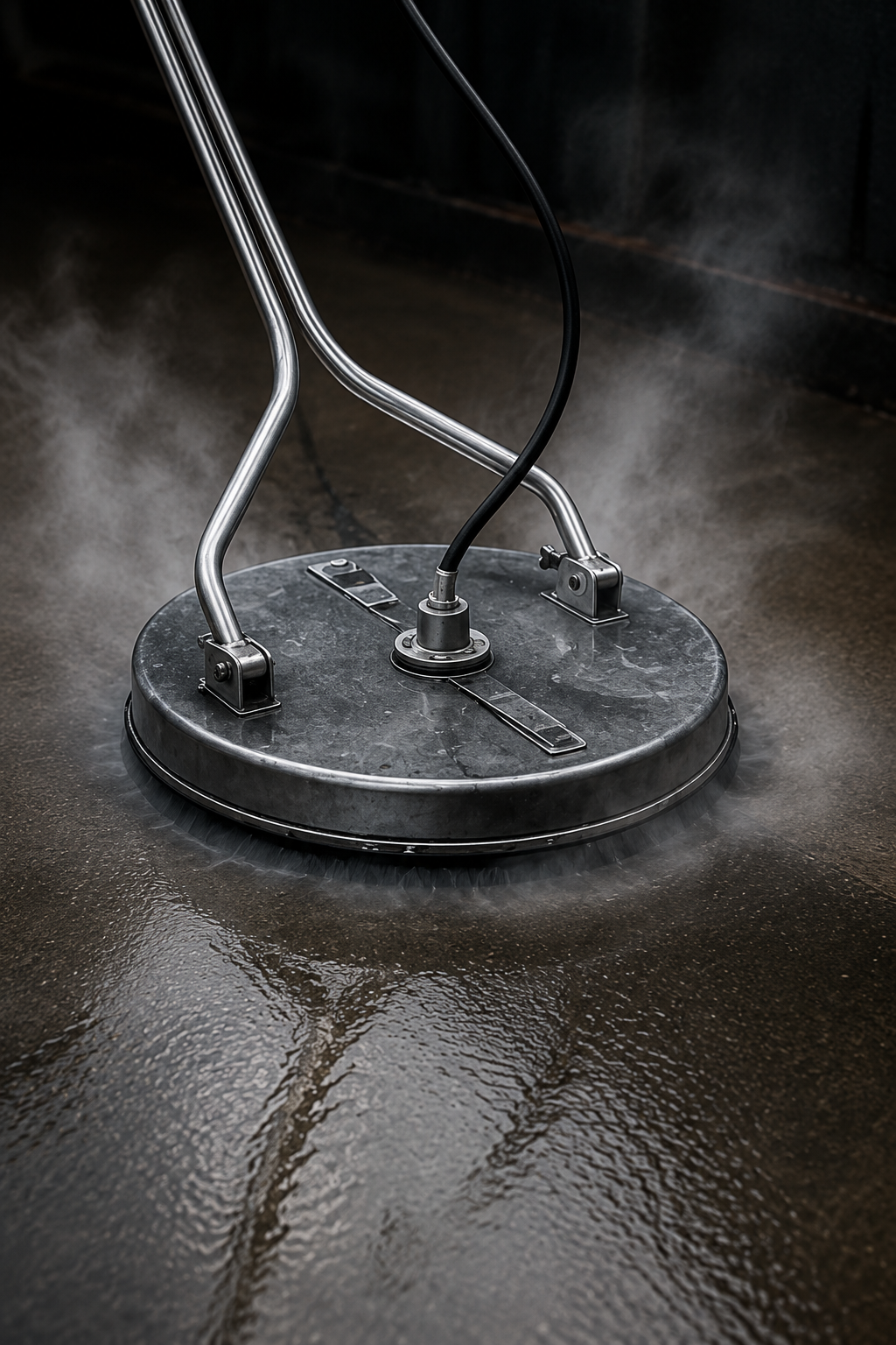 Close-up of a floor buffer machine polishing a dark, shiny floor with steam or dust rising from it.