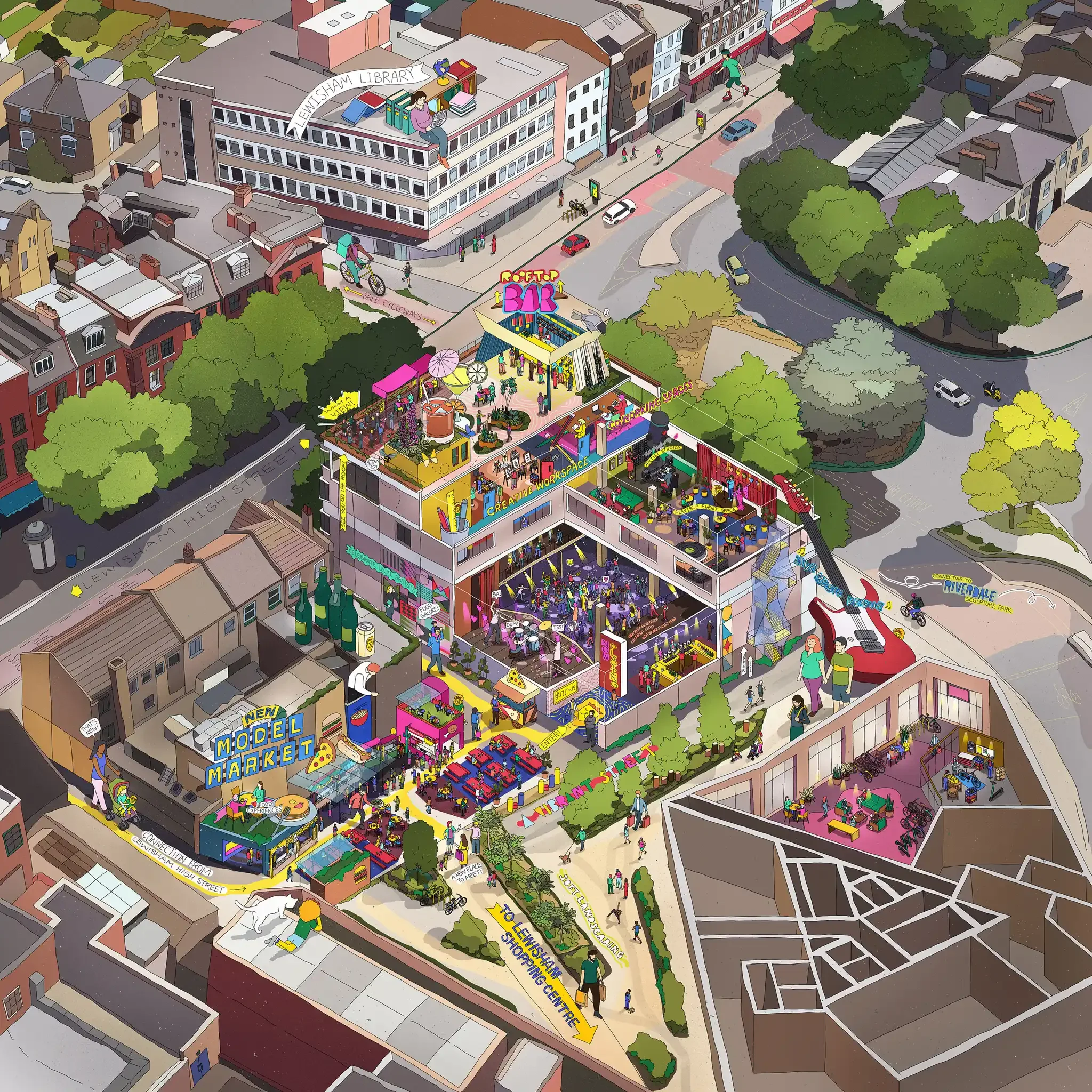 An aerial view architectural isometric illustration of a lively urban area featuring a multi-story building with signs like 'Lewisham Library' and a colorful food market.