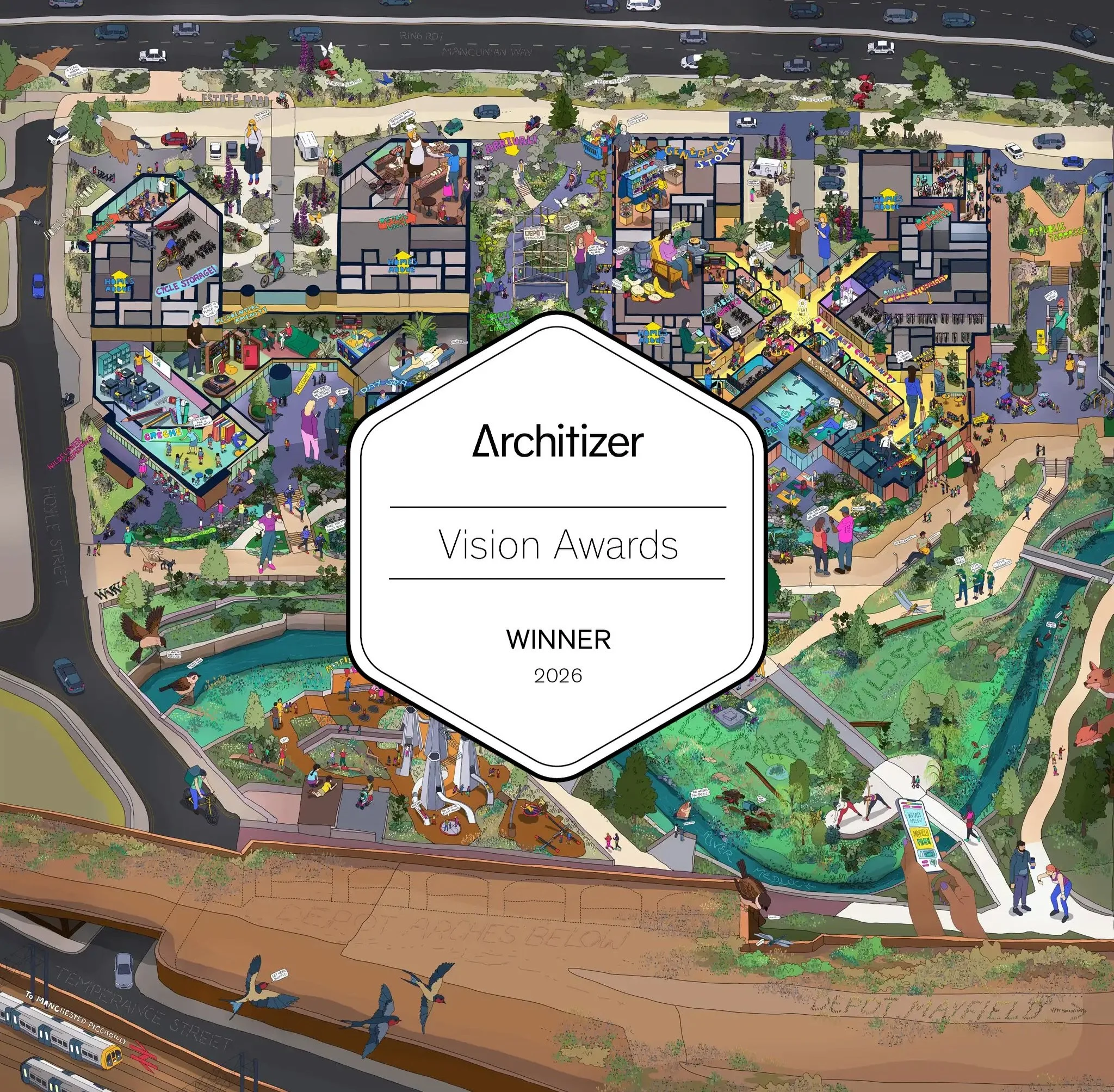 Woohoo! I&rsquo;m so happy to announce that my drawing is a WINNER at The 2026 Vision Awards by @architizer! 🏆🏆🏆

This illustration is of @mayfieldmanchester, with architecture designed by @studioegretwest and @shedkm, alongside the lush greenery 