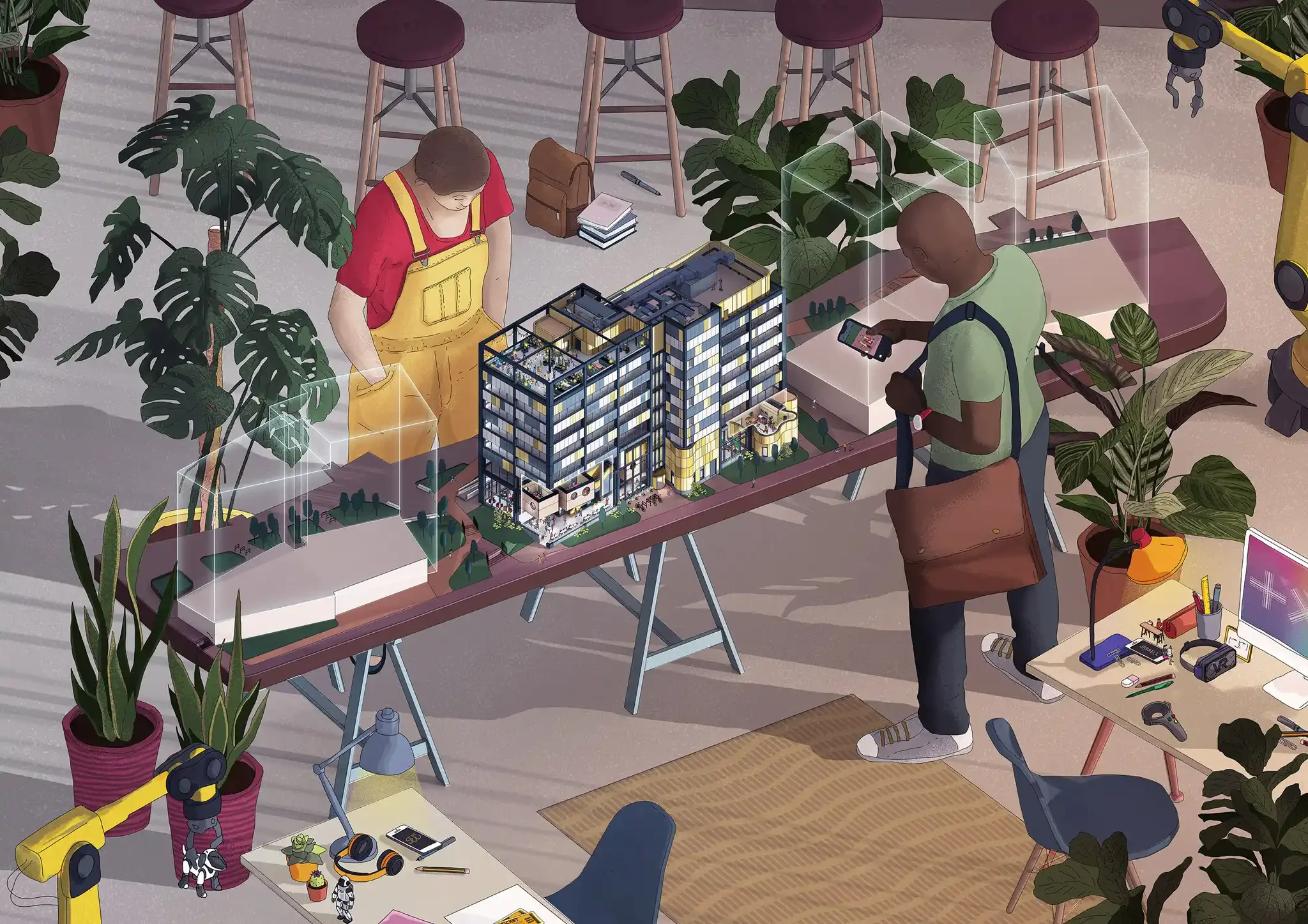 An overhead view of an indoor workspace with multiple plants, a detailed architectural model of a high-rise building, and various tools and gadgets on the tables. There are people working and interacting at the tables, surrounded by stools, chairs, a
