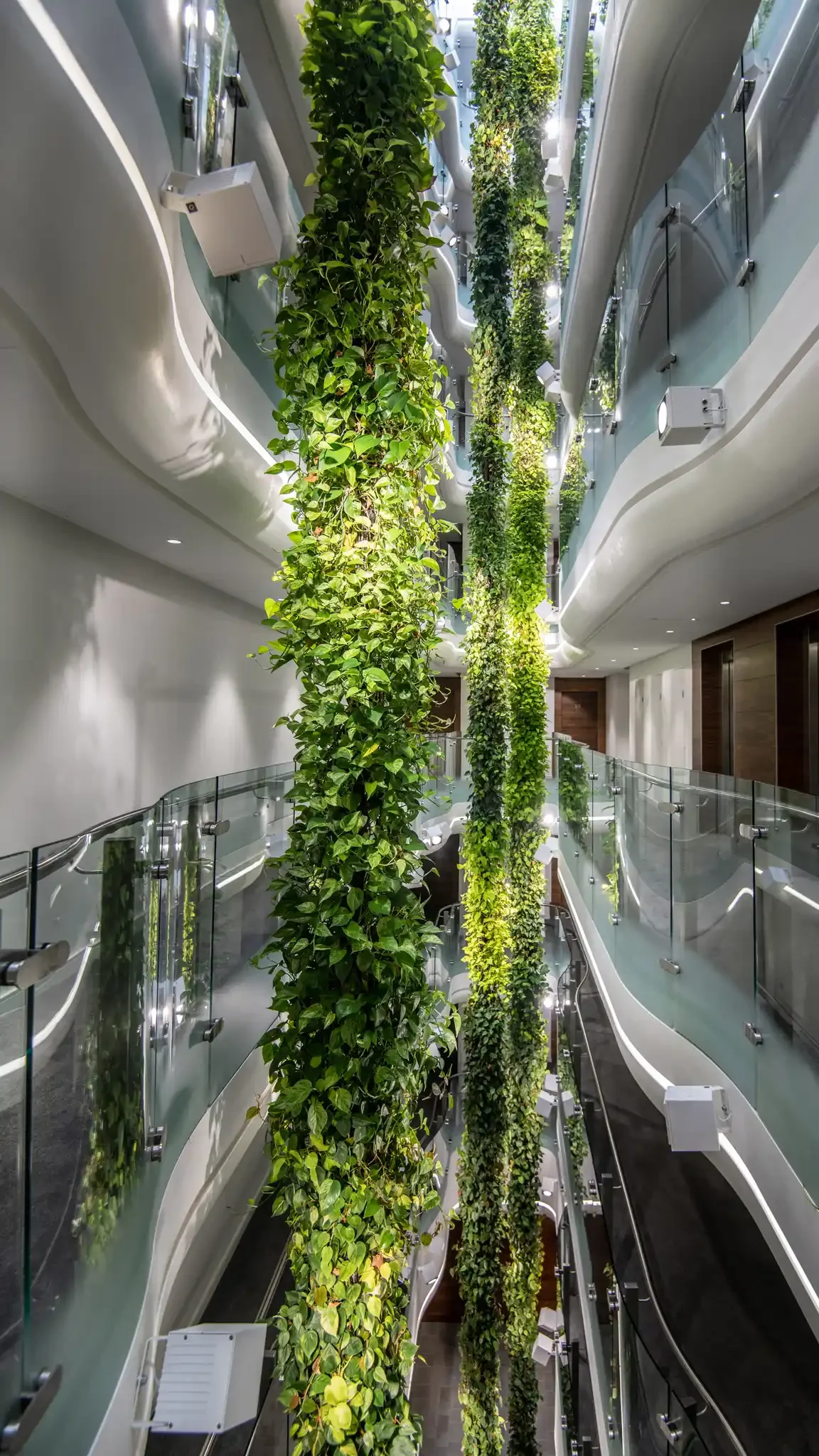 Interior of a modern building with multiple floors, featuring green climbing plants along the railings of a glass-walled balcony, and stylish lighting.