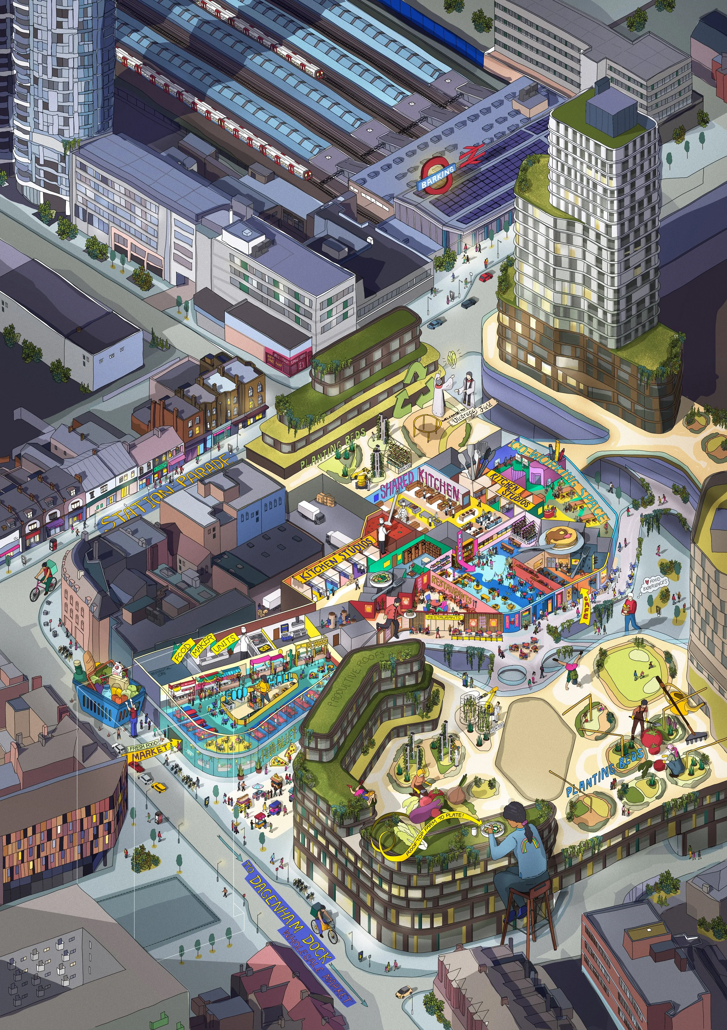 An urban farming food hub illustration of a cityscape with a busy market, colorful shops, a rooftop garden, a transportation hub, and a train station in an urban setting.