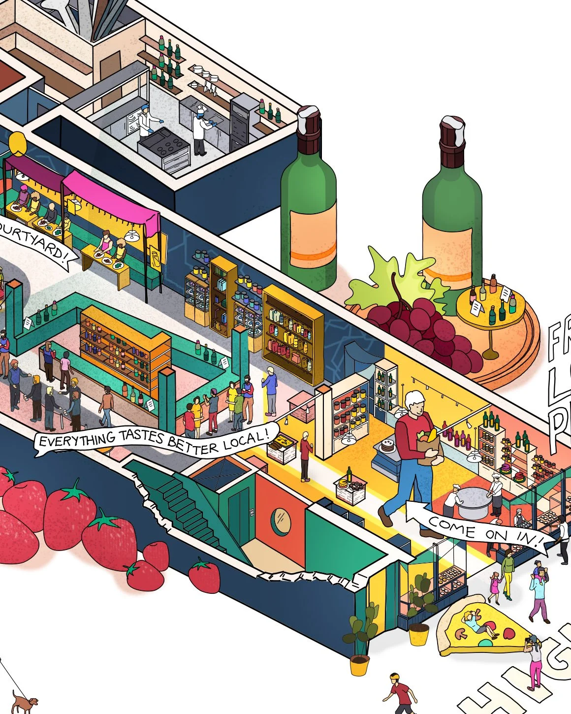 An illustrated indoor market with food stalls, a bakery, and a wine tasting area. People are shopping, tasting, and socializing, while a chef prepares food in the kitchen. There are large wine bottles and grape illustrations, along with strawberries and a children’s play area.