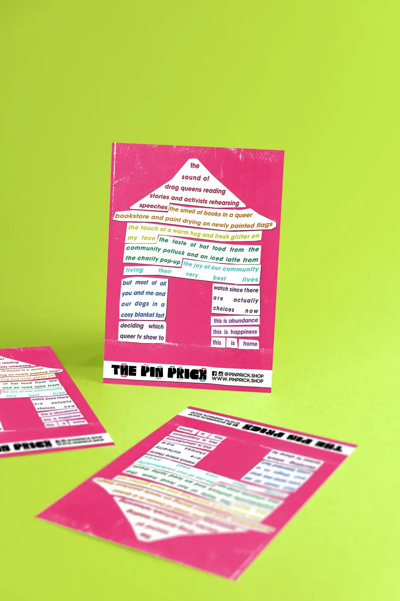 Multiple pink flyers with colorful text, tilted and overlapping on a bright green background, promoting an event or sale at PINPRICK.shop.