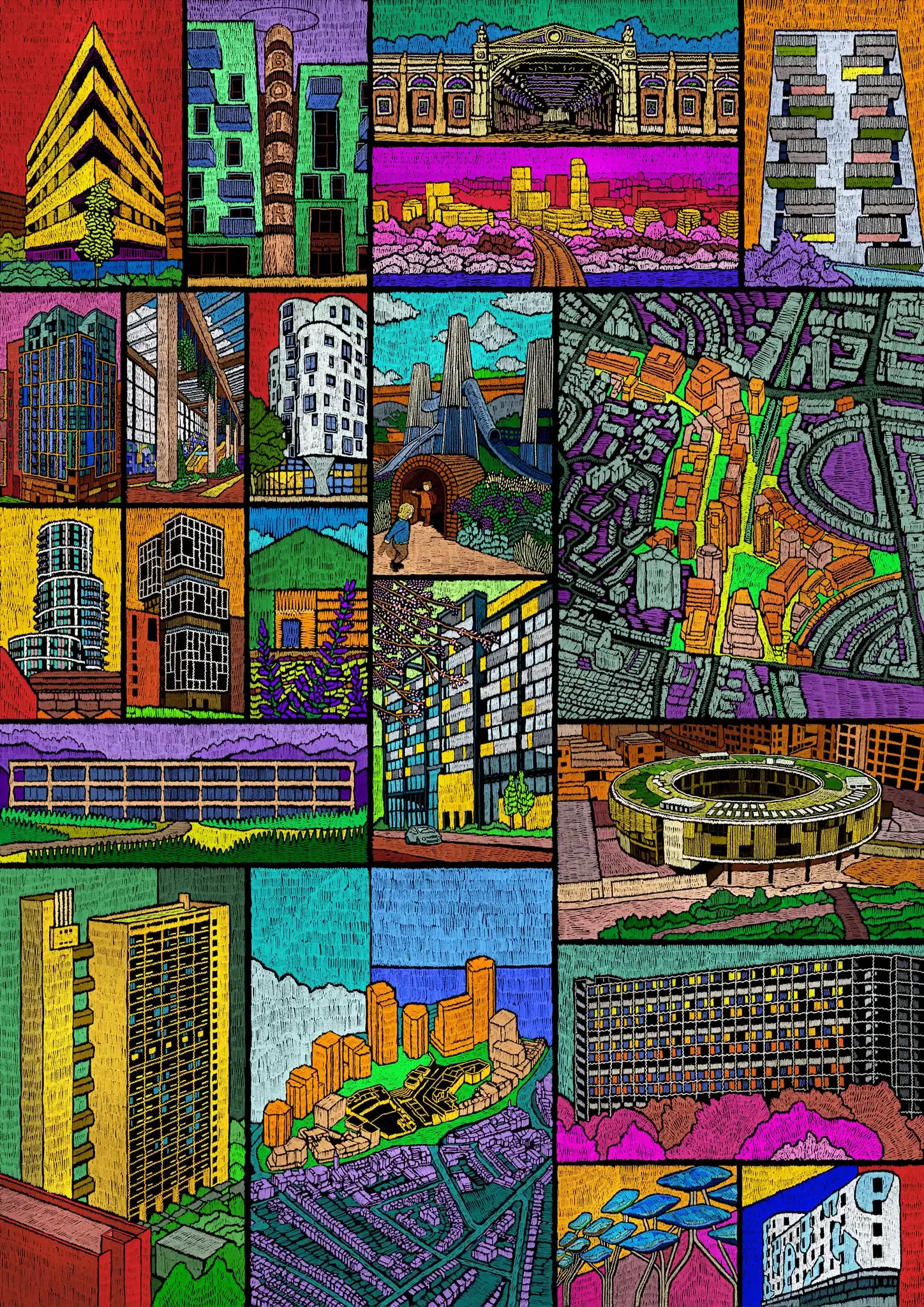 A colorful collage of various cityscapes and architectural drawings designed by Studio Egret West (SEW), including skyscrapers, residential buildings, bridges, and urban landscapes. The images are stylized with vibrant colors and intricate line work.