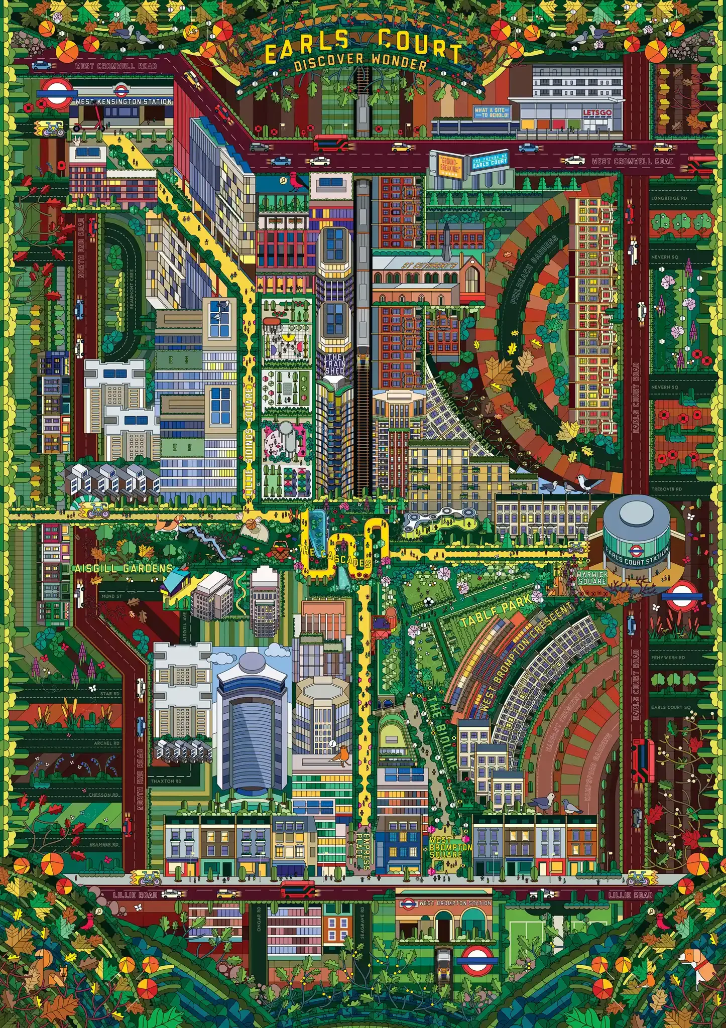 Illustrated map of Earl's Court in London, featuring streets, parks, buildings, and landmarks, with labels like West Cromwell Road, Earl's Court Station, and West Brompton Square. Includes green spaces, pathways, and decorative details.