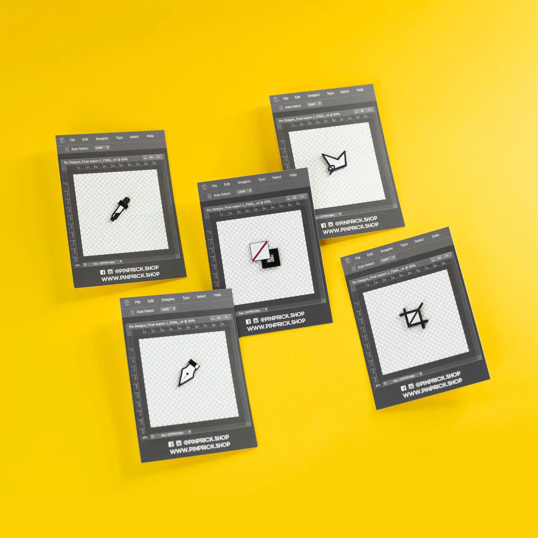 Multiple computer screens displaying design software with various icons and tools on a yellow background.