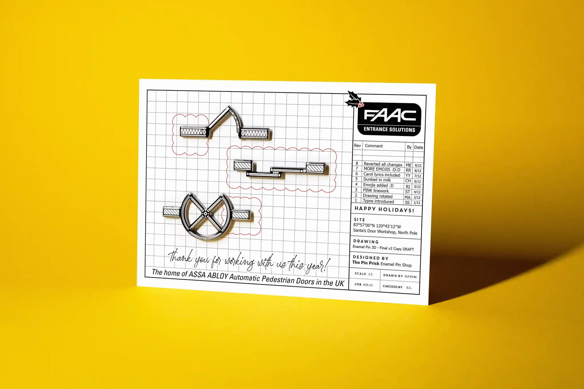 A color illustration of various metallic parts on a sheet of graph paper with a yellow background. The sheet has a logo of FAAC Entrance Solutions, a technical drawing, and notes.