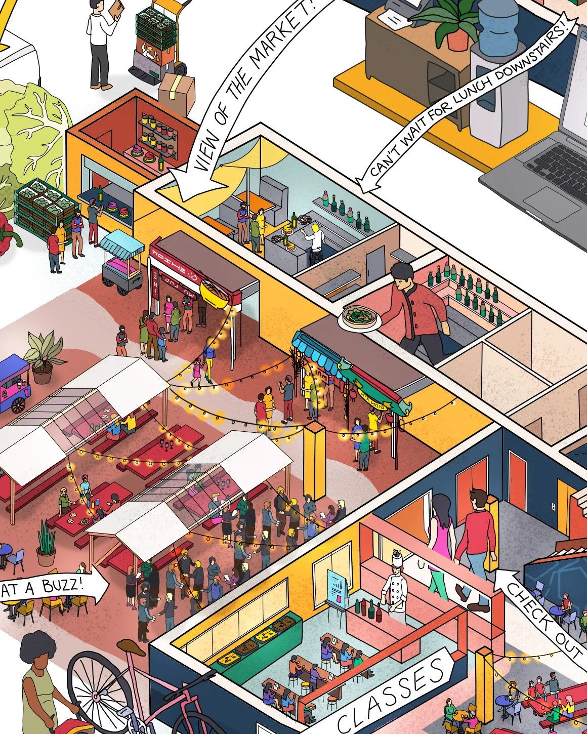 A lively outdoor market with food stalls, string lights, and many people shopping, eating, and socializing.
