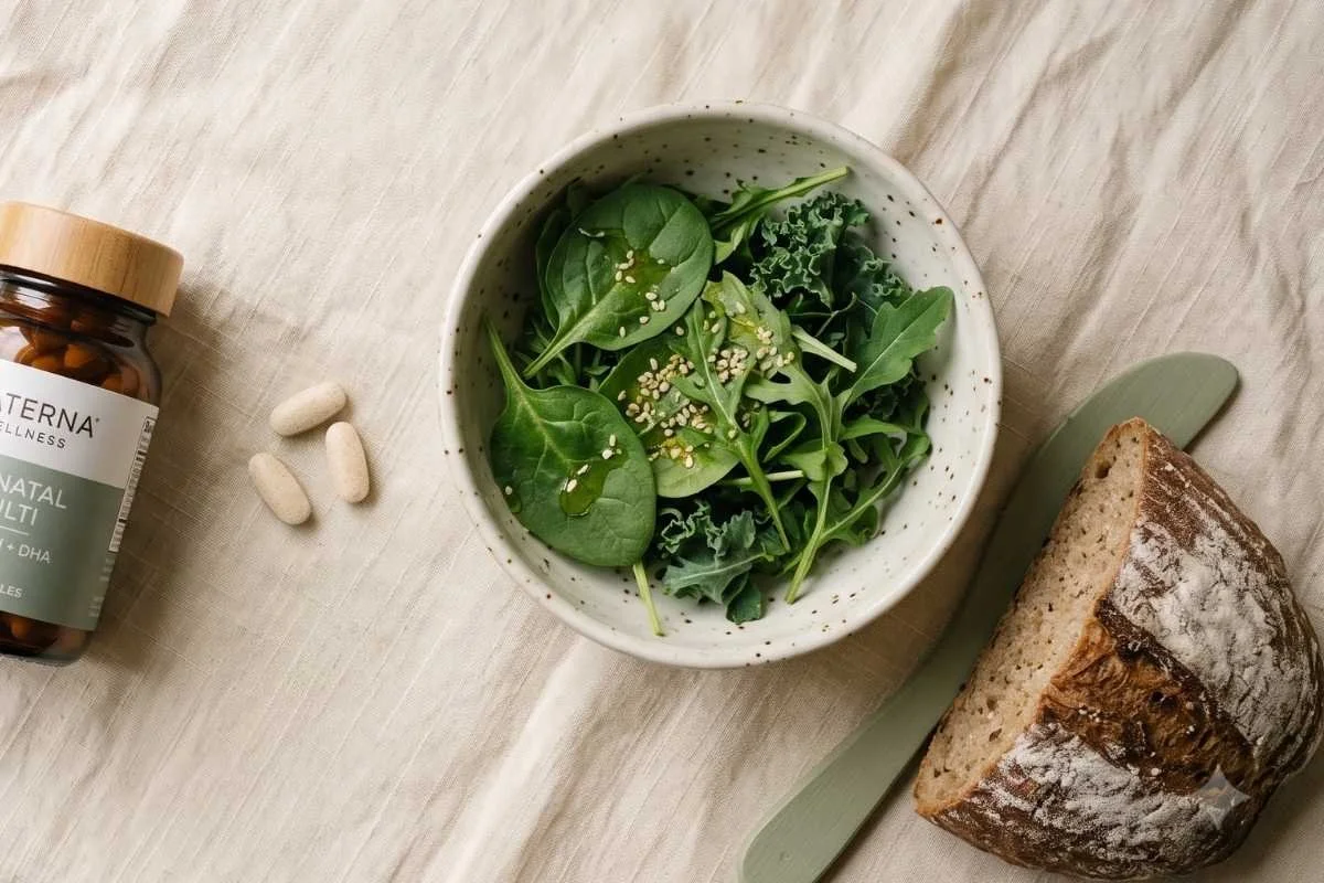 Prenatal vitamin bottle with tablets beside leafy greens and bread on a cream background