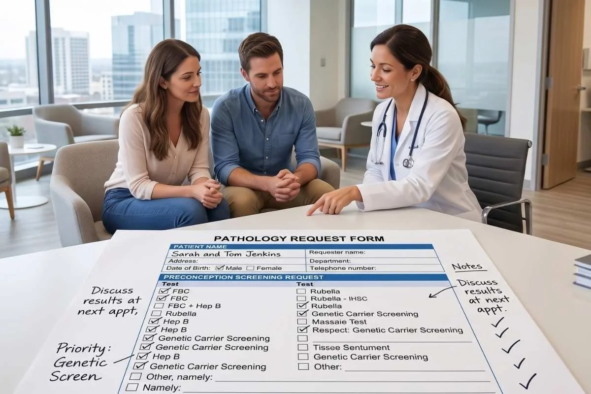 couple sitting with doctor going through pathology request form