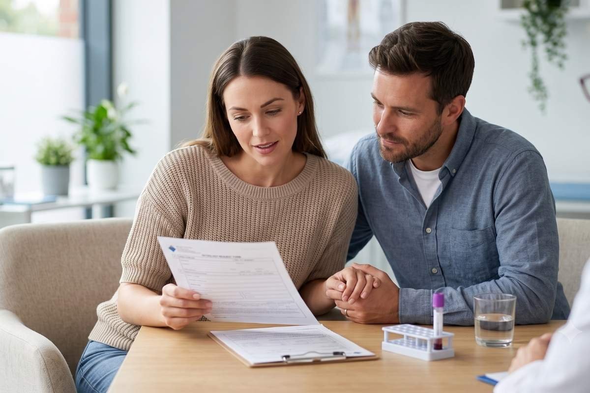 husband and wife holding hands looking at blood test results from genetic carrier screening test preconception