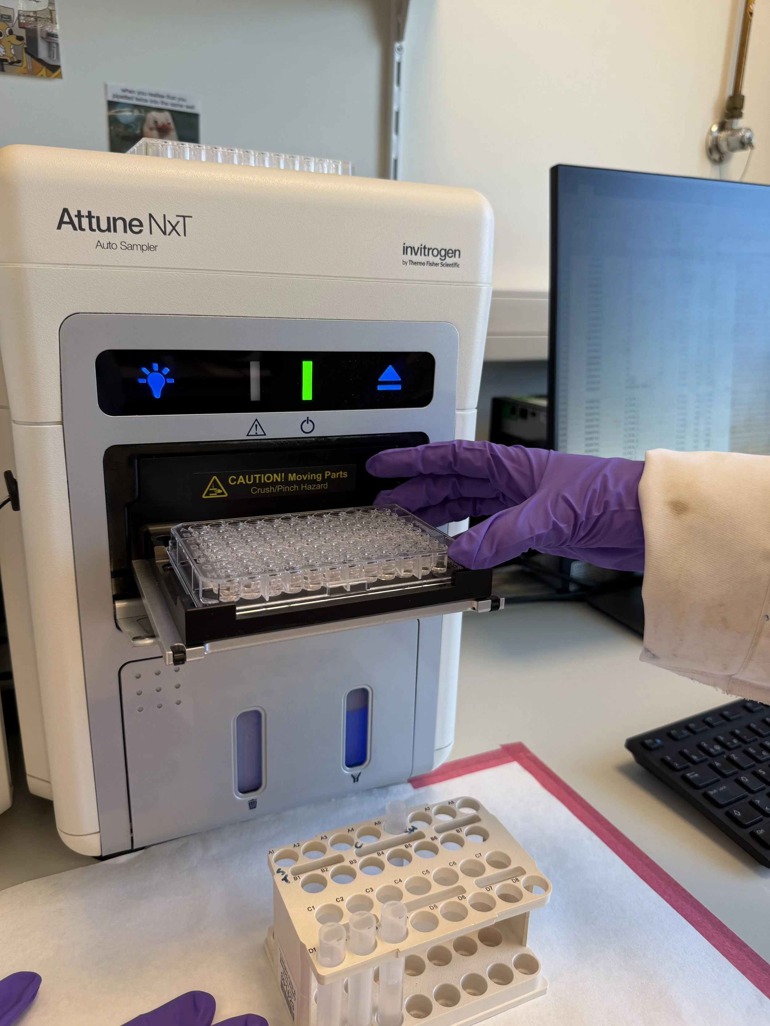 Laboratory setting with a person wearing purple gloves operating an automated sample analyzer with empty test tubes and a test tube rack on the table.