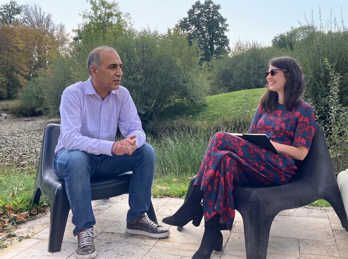 Une femme et un homme discutant lors d'une interview en plein air près d'un étang. La femme porte une robe longue à motifs rouges et noirs et des bottes noires, et la femme porte des lunettes de soleil et sourit.