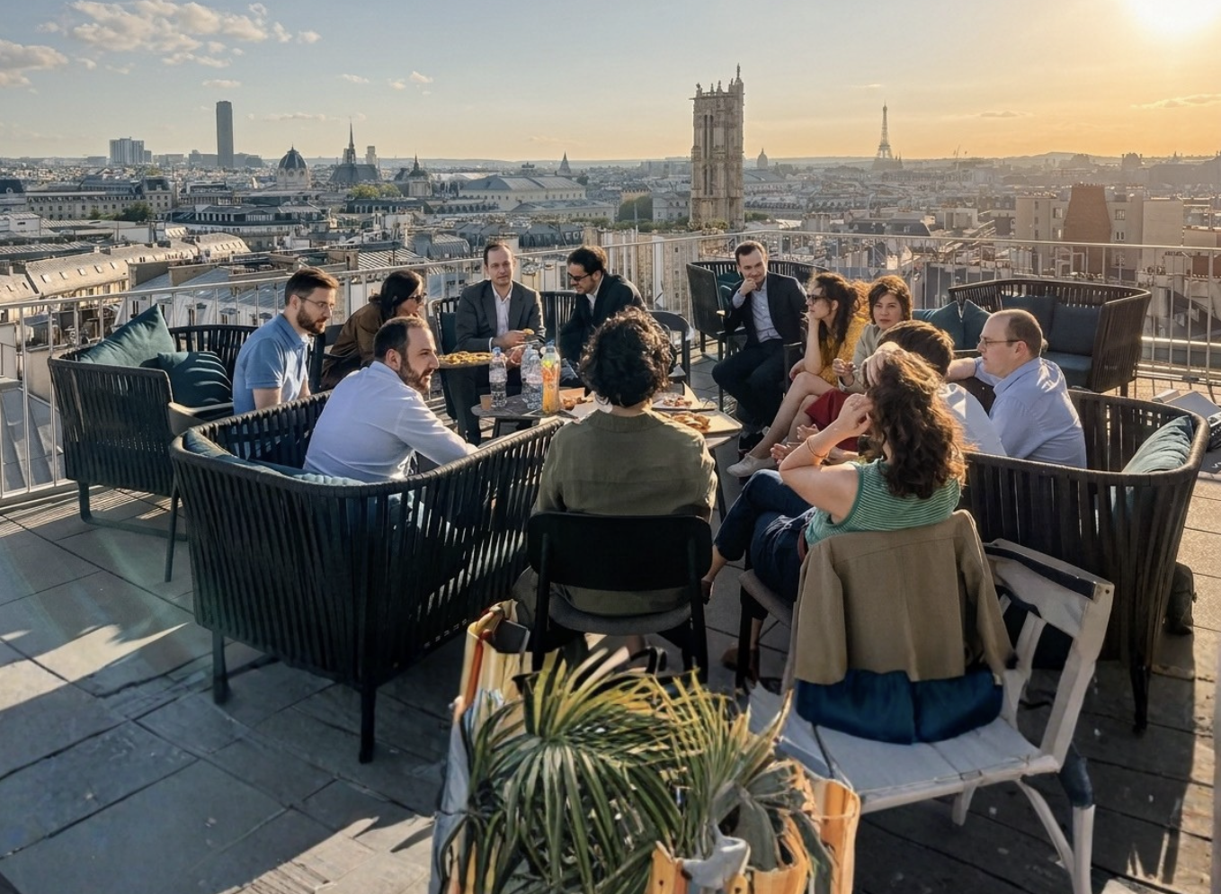Groupe de personnes assises autour d'une table sur un rooftop, discutant, avec une vue sur Paris incluant la tour Eiffel et la cathédrale Notre-Dame au coucher du soleil.