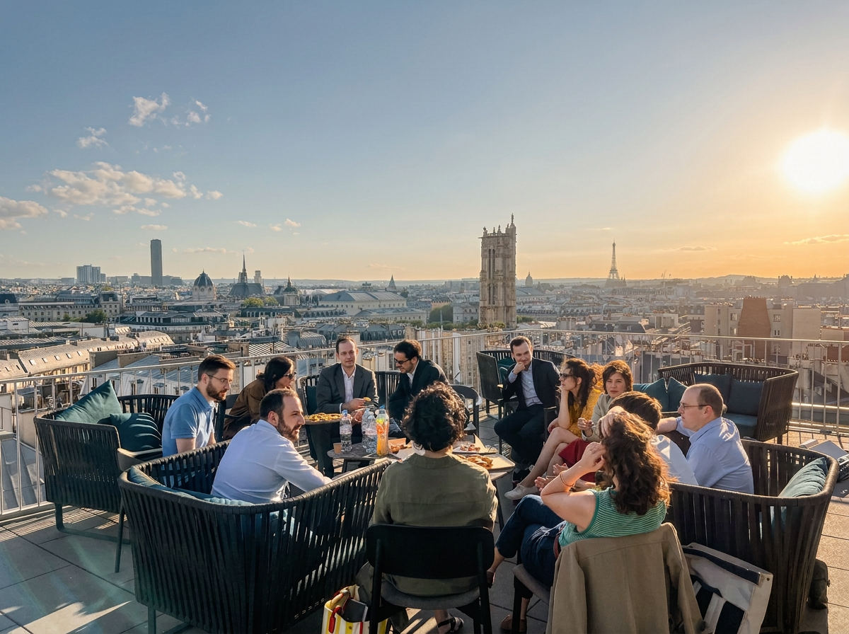 Groupe de personnes assises sur un toit avec vue sur Paris, incluant la Tour Eiffel, en fin d'après-midi.