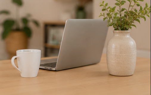 Laptop, Kaffeetasse und Topfpflanze auf einem Holztisch in einem gemütlichen Raum