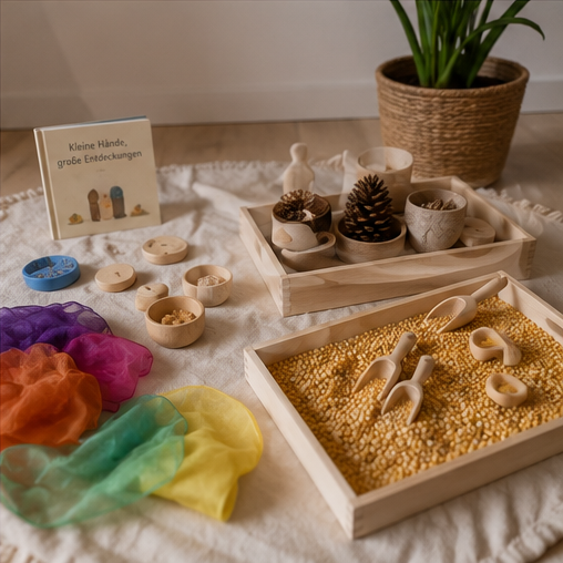 Spielecke mit Holzspielzeug, bunten Tüchern, einer Pflanze in einem Korb und einem kleinen Schild mit der Aufschrift 'Kleine Hände, große Entdeckungen'.