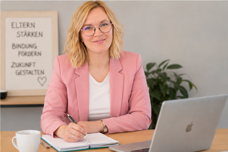 Eine Frau sitzend an einem Tisch mit einem Laptop, Notizbuch und Kaffeetasse, lächelnd, im Hintergrund eine Tafel mit Text und eine Pflanze.