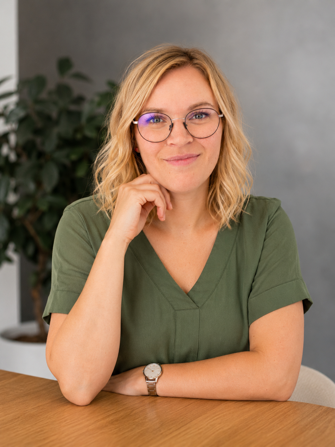 Eine lachende Frau mit blonden, lockigen Haaren und Brille sitzt an einem Holztisch, trägt ein grünes T-Shirt und eine Armbanduhr.