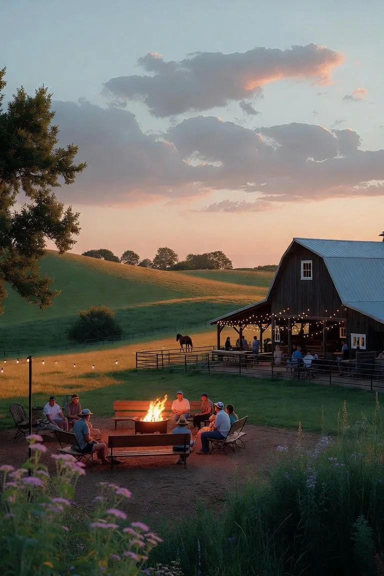 People gathered around a campfire at dusk in a rural farm setting with a barn, horse, and rolling hills in the background.