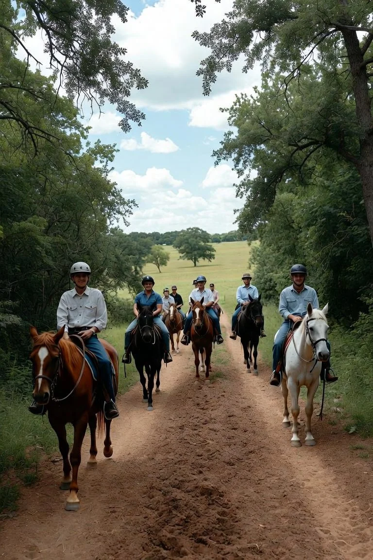 Group of seven people riding horses on a dirt trail surrounded by trees, with open fields and trees visible in the background.