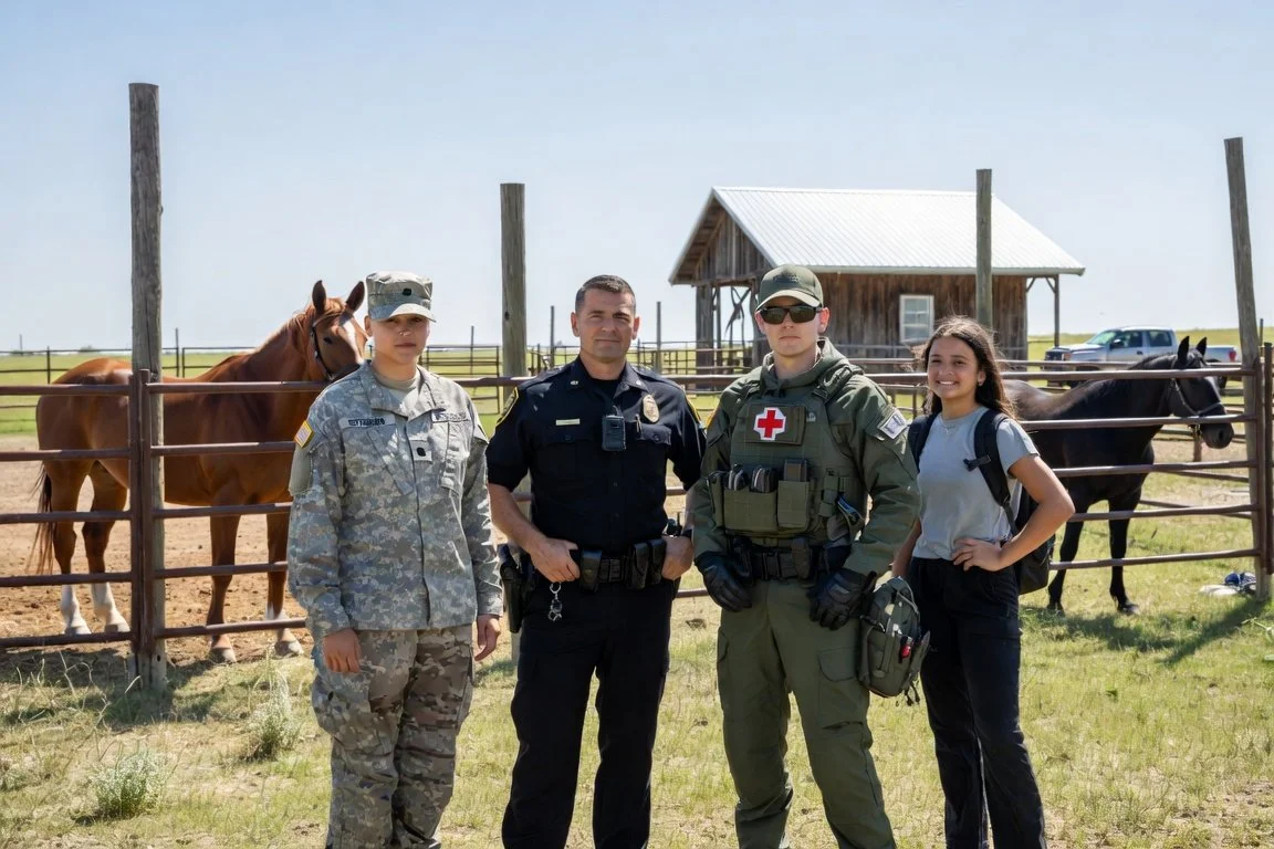 A group of four people, including a women in  a military uniforms a man in a police uniform, a paramedic, and a young survivor, are standing outdoors in front of a horse pen, with horses and a barn in the background.
