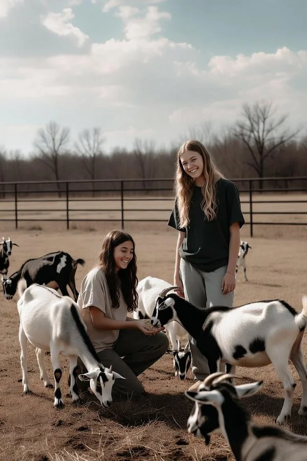 Two young survivors are outdoors in a field with goats, one is kneeling and feeding a goat, the other is standing and smiling, with bare trees and a fence in the background.