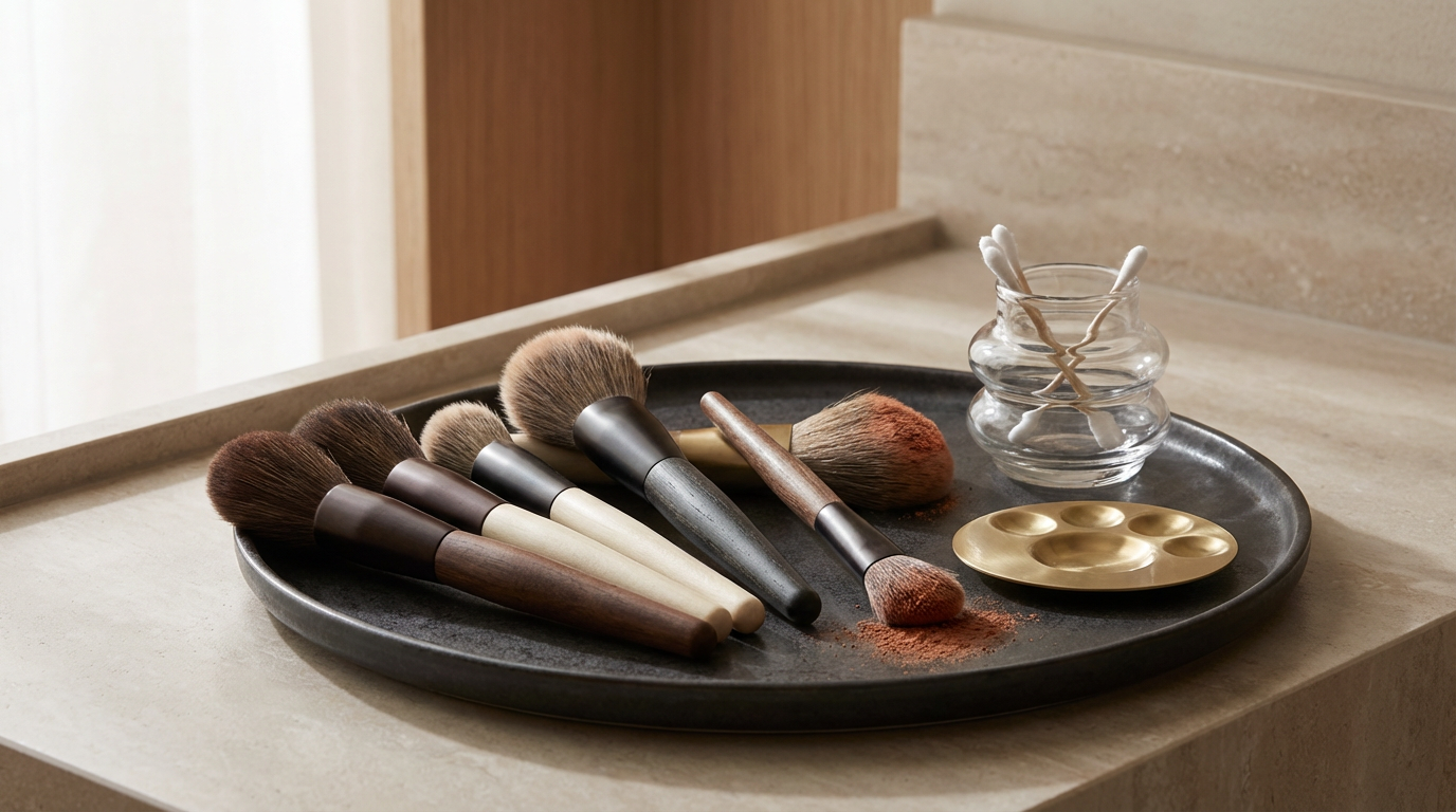 Makeup brushes, a gold makeup palette, cotton swabs in a glass jar, and powder on a black tray on a beige countertop.