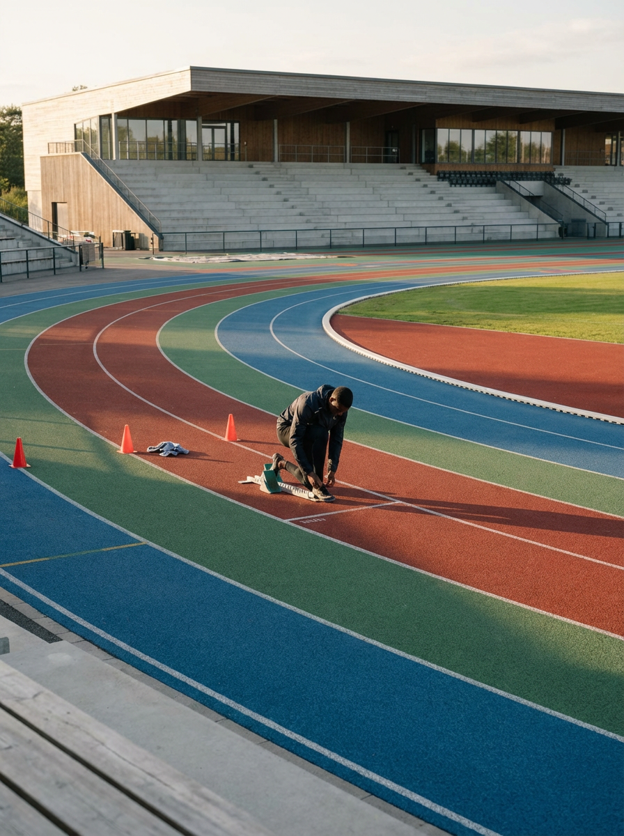 A person preparing the starting blocks on a colorful outdoor running track at a stadium.