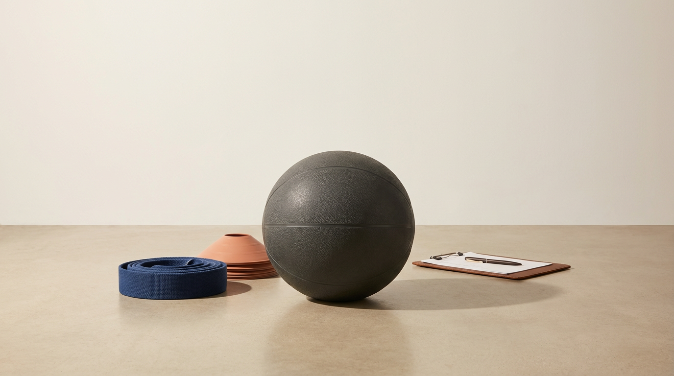 A black medicine ball, a blue yoga mat, small terracotta stacking bowls, and a clipboard with a pen placed on it on a beige surface against a plain wall.