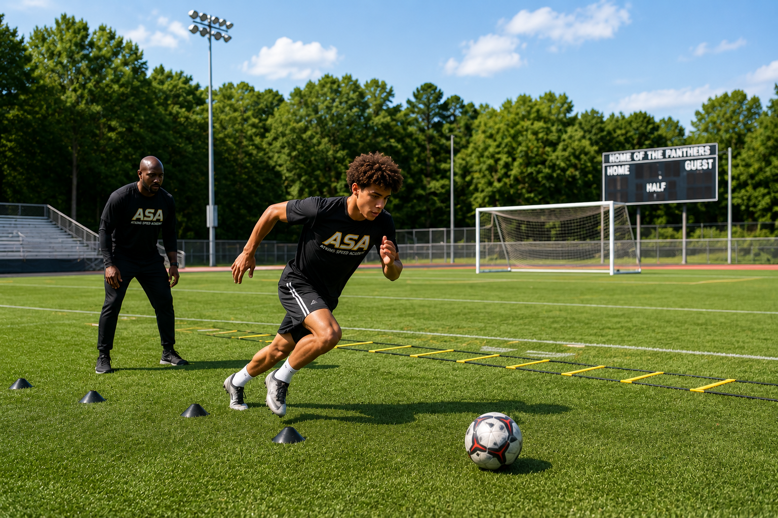 A young male soccer player practicing agility drills on a soccer field while a coach observes nearby.